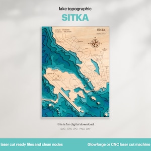 Décoration de maison sur le lac, carte du lac de Sitka en Alaska SVG, cadeau de décoration murale en bois, topographique, cartes personnalisées 3D, art de la carte bathymétrique, Xtool, TÉLÉCHARGEMENT NUMÉRIQUE