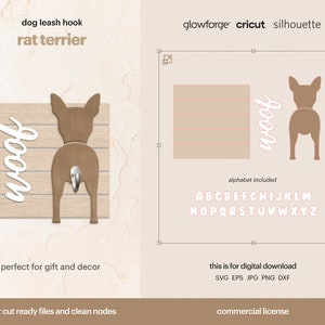 May include: Digital download of a rat terrier dog silhouette with the word "woof" in a cursive font. The silhouette is brown and the word "woof" is white. The image also includes a set of letters in a pink bubble font. The text "dog leash hook" and "rat terrier" are at the top of the image. The text "glowforge cricut silhouette" is at the top right of the image. The text "perfect for gift and decor" is at the bottom left of the image. The text "this is for digital download SVG EPS JPG PNG DXF" is at the bottom right of the image. The text "laser cut ready files and clean nodes" is at the bottom left of the image. The text "commercial license" is at the bottom right of the image.