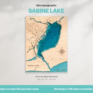 Lake House Decor, Sabine Lake Map SVG, Wood Wall Decor Gift, Topographic, 3D Custom Maps, Bathymetric Map Art, Xtool, DIGITAL DOWNLOAD