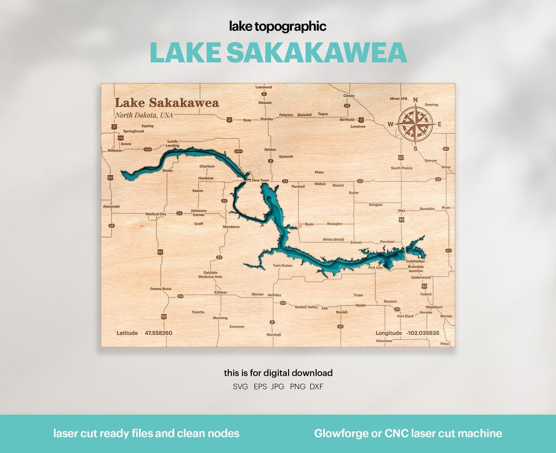 Lake House Decor, Sakakawea Lake Map SVG, Wood Wall Decor Gift