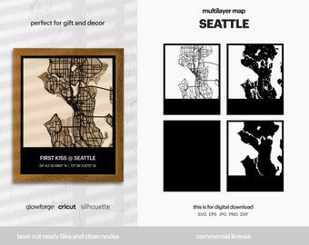 Seattle Layered City Map, City Map Wall Art, Multi Layered Street Map, Map Wall Decoration, Laser Cut File, Glowforge, SVG File