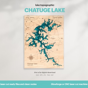 Décoration de maison au bord du lac, carte du lac Chatuge, SVG, cadeau de décoration murale en bois, topographique, cartes personnalisées 3D, art de la carte bathymétrique, Xtool, TÉLÉCHARGEMENT NUMÉRIQUE