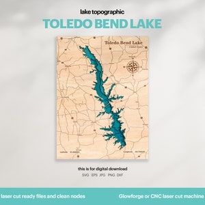 Lake House Decor, Toledo Bend Lake Kaart SVG, Houten Muur Decor Cadeau, Topografisch, 3D Aangepaste kaarten, Bathymetrische Kaart Kunst, DIGITALE DOWNLOAD