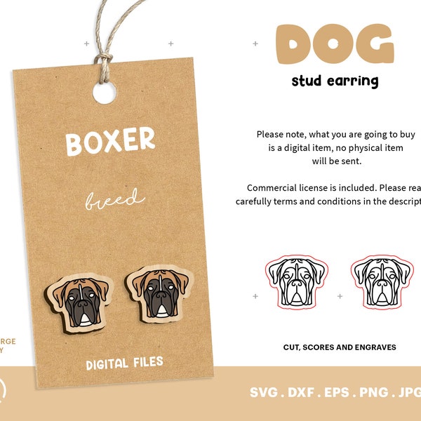 Boxer Stud Earring, Laser Cut File, Dog Stud Earrings, Wood Earring SVG, Personalized Gift, Glowforge, Puppy Wooden Engraved Art