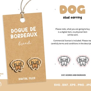 Dogues de Bordeaux Stud Earring, Laser Cut File, Dog Stud Oorbellen, Houten Earring SVG, Houten Accessoires, Glowforge, Graveren Bestand