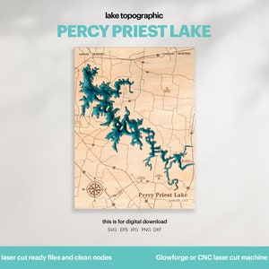 Décoration de maison au bord du lac, Percy Priest Lake carte SVG, cadeau de décoration murale en bois, topographique, cartes 3D personnalisées, art de la carte bathymétrique, Xtool, TÉLÉCHARGEMENT NUMÉRIQUE