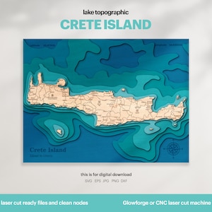 Decorazione della casa sul lago, mappa dell'isola di Creta SVG, regalo di decorazione della parete in legno, topografica, mappe personalizzate 3D, arte della mappa batimetrica, Xtool, DOWNLOAD DIGITALE