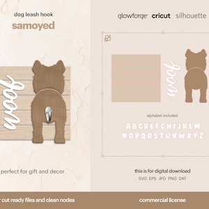 May include: A digital download of a Samoyed dog leash hook design. The design includes a silhouette of a Samoyed dog with the word "woof" written in a cursive font. The design is perfect for use with a Glowforge, Cricut, or Silhouette cutting machine. The design also includes an alphabet in a similar font.