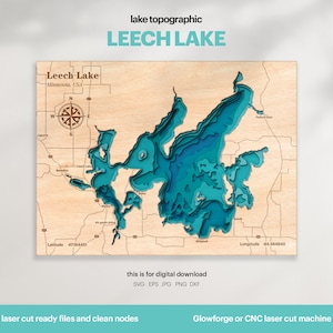 Décoration de maison sur le lac, carte Leech Lake SVG, cadeau de décoration murale en bois, topographique, cartes personnalisées 3D, art de la carte bathymétrique, Xtool, TÉLÉCHARGEMENT NUMÉRIQUE
