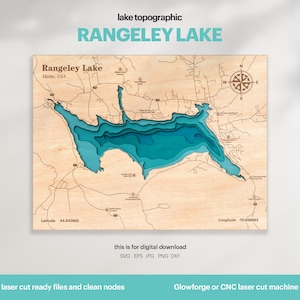 Décoration de maison sur le lac, carte du lac Rangeley SVG, cadeau de décoration murale en bois, topographique, cartes personnalisées 3D, art de la carte bathymétrique, Xtool, TÉLÉCHARGEMENT NUMÉRIQUE