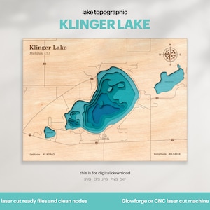 Décoration de maison au bord du lac, carte du lac Klinger SVG, cadeau de décoration murale en bois, topographique, cartes personnalisées 3D, art de la carte bathymétrique, Xtool, TÉLÉCHARGEMENT NUMÉRIQUE