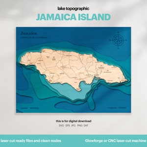 Lake House Decor, Mappa dell'Isola della Giamaica SVG, Regalo di decorazione della parete in legno, Topografica, Mappe personalizzate 3D, Arte della mappa batimetrica, Xtool, DOWNLOAD DIGITALE