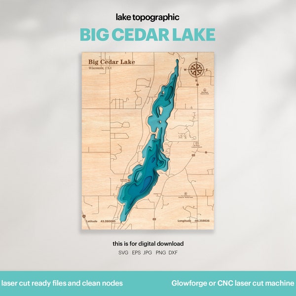 Lake House Decor, Big Cedar Lake Map SVG, Wood Wall Decor Gift, Topographic, 3D Custom Maps, Bathymetric Map Art, Xtool, DIGITAL DOWNLOAD