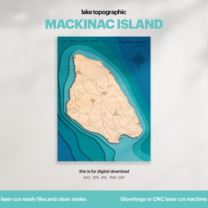 Décoration de maison sur le lac, carte de l'île Mackinac, SVG, cadeau de décoration murale en bois, topographique, cartes personnalisées 3D, art de la carte bathymétrique, Xtool, TÉLÉCHARGEMENT NUMÉRIQUE