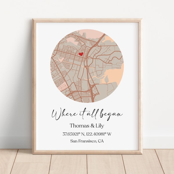 Custom Map Gift, Where it All Began, First Met Map, Couple Map, Personalized Map, Custom Digital Map, Anniversary Gift, DIGITAL DOWNLOAD