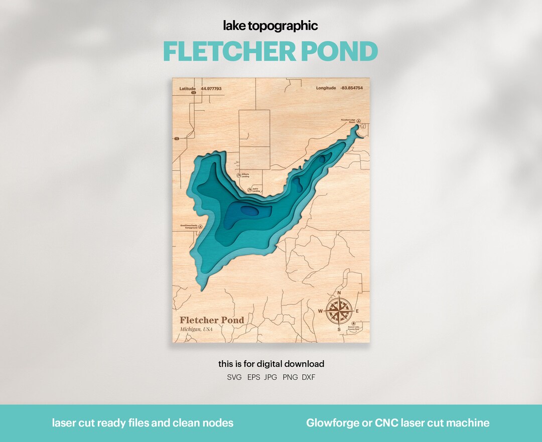 Lake House Decor, Fletcher Pond Map SVG, Wood Wall Decor Gift, Topographic, 3D Custom Maps