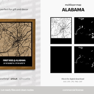Alabama gelaagde stadsplattegrond, stadsplattegrond kunst aan de muur, multi-gelaagde stratenplan, kaart wanddecoratie, laser gesneden bestand, Glowforge, SVG-bestand