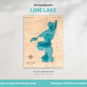 Puede incluir: Un mapa de madera cortado con láser del lago Lime, en Nueva York. El lago se muestra en tonos de azul, con la tierra circundante en un color madera claro. El mapa incluye una rosa de los vientos y el texto "Lime Lake, New York, USA".