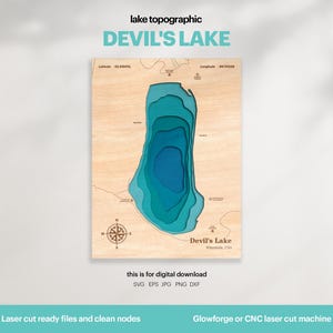 See Haus Dekor, Devils Lake Karte SVG, Holz Wand Dekor Geschenk, Topographisch, 3D Benutzerdefinierte Karten, Bathymetrische Karte Kunst, Xtool, DIGITAL DOWNLOAD