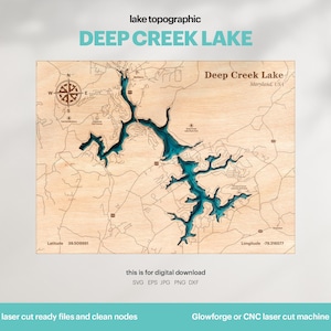 See Haus Dekor, Deep Creek See Karte SVG, Holz Wand Dekor Geschenk, Topographisch, 3D Benutzerdefinierte Karten, Bathymetrische Karte Kunst, Xtool, DIGITAL DOWNLOAD