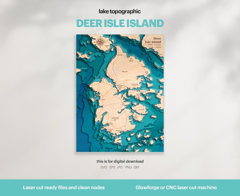 Deer Isle Island Map SVG: 3D Topographic Laser Cut File (digital ...