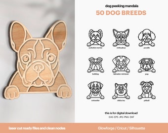 Dog Peeking Mandala SVG: 50 Breed Bundle, Laser Cut File (Digital Download)