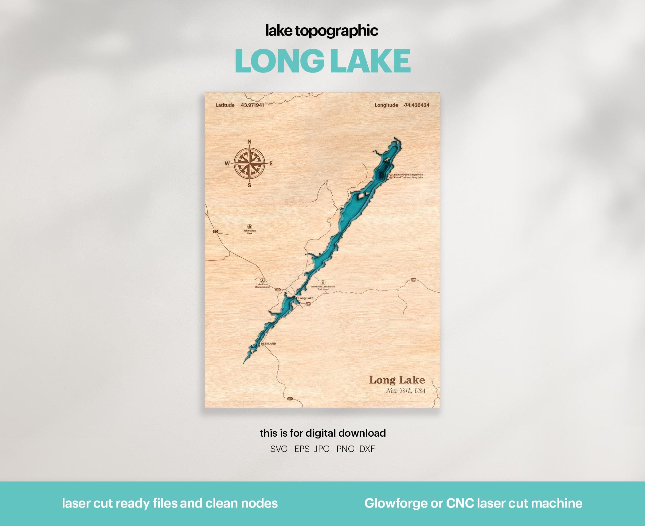ニューヨーク州ロングレイクの地図 SVG: 3D 地形レーザーカット