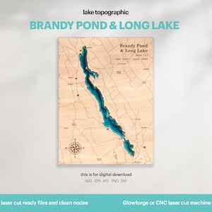Brandy Pond & Long Lake Karta SVG: 3D Topografisk sjöhusdekor (digital nedladdning)