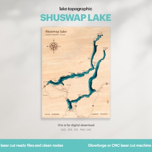 Decorazione della casa sul lago, mappa del lago Shuswap SVG, regalo di decorazione della parete in legno, topografica, mappe personalizzate 3D, arte della mappa batimetrica, Xtool, DOWNLOAD DIGITALE