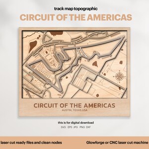 Racetracks kaarttopografie, Austin-trackkaart SVG, beroemde circuitracebaan, 3D-houttrackkaarten, Xtool, digitale DOWNLOAD