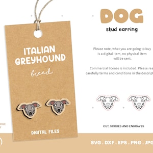 Orecchino a bottone levriero italiano, modello di file tagliato al laser, orecchini a bottone per cani, orecchini in legno SVG, artigianato fatto a mano, Glowforge, regalo per gli amanti dei cani