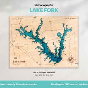 Décoration de maison sur le lac, carte du lac de la fourche SVG, cadeau de décoration murale en bois, topographique, cartes personnalisées 3D, art de la carte bathymétrique, Xtool, TÉLÉCHARGEMENT NUMÉRIQUE