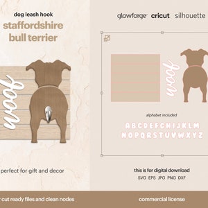 Könnte beinhalten: Digitaler Download eines Laser-Schnittmusters für einen Staffordshire Bull Terrier Hunde-Leinenhaken. Das Design beinhaltet die Worte "woof" und eine Silhouette des Hinterteils eines Hundes mit einem Haken. Das Design ist kompatibel mit Glowforge, Cricut und Silhouette Schneidemaschinen.