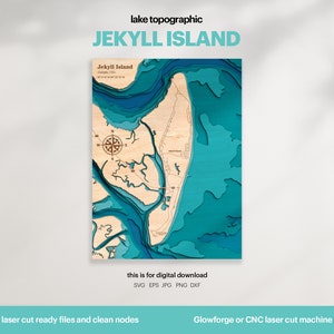 Décoration de maison sur le lac, carte Jekyll Island SVG, cadeau de décoration murale en bois, topographique, cartes personnalisées 3D, art de la carte bathymétrique, Xtool, TÉLÉCHARGEMENT NUMÉRIQUE