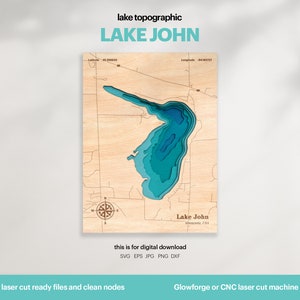Lake House Decor, John Lake, Minnesota Karte SVG, Holzwanddekor, Geschenk, Topographisch, benutzerdefinierte 3D-Karten, Bathymetrische Karte, Xtool, DIGITALER DOWNLOAD