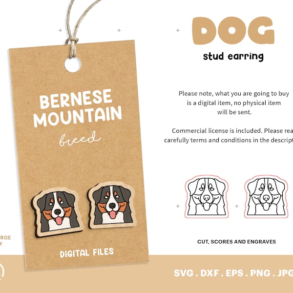 Bernese Mountain Stud Earring, Laser Cut File Template, Dog Stud Earrings, Wood Earring SVG, Accessories Dog Lover, Glowforge