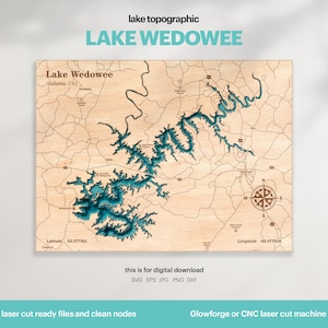Lake House Decor, Wedowee Lake Map SVG, Wood Wall Decor Gift, Topographic, 3D Custom Maps, Bathymetric Map Art, Xtool, DIGITAL DOWNLOAD