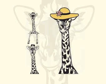 Pode incluir: Uma ilustração de girafa preta e branca com um chapéu amarelo e uma flor rosa. A girafa está usando um chapéu e olhando para o espectador.