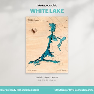 Décoration de maison au bord du lac, carte du lac Ontario blanc SVG, cadeau de décoration murale en bois, topographique, cartes personnalisées 3D, carte bathymétrique, Xtool, TÉLÉCHARGEMENT NUMÉRIQUE