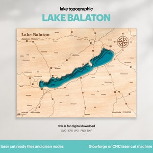 Decorazione della casa sul lago, mappa del lago Balaton SVG, regalo di decorazione della parete in legno, topografica, mappe personalizzate 3D, arte della mappa batimetrica, Xtool, DOWNLOAD DIGITALE