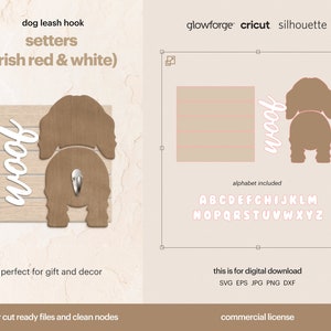 May include: A digital download design for a dog leash hook featuring a brown silhouette of an Irish Setter dog with the word "woof" in white text. The design is perfect for laser cutting and includes an alphabet.