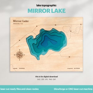 May include: A topographic map of Mirror Lake in Minnesota, USA. The lake is shown in shades of blue, with the surrounding land in a light wood color. The map includes a compass rose and the latitude and longitude of the lake. The text "this is for digital download SVG EPS JPG PNG DXF" is at the bottom of the map. The text "laser cut ready files and clean nodes" is at the bottom left of the map. The text "Glowforge or CNC laser cut machine" is at the bottom right of the map.