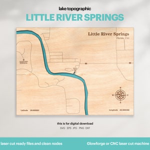 Décoration de maison au bord du lac, carte Little River Springs SVG, cadeau de décoration murale en bois, topographique, cartes personnalisées 3D, art de la carte bathymétrique, téléchargement numérique