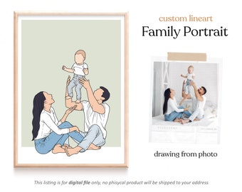 May include: A digital illustration of a family portrait. A couple is sitting on the floor with their child. The child is being held up in the air by the father. The illustration is in a light green background.