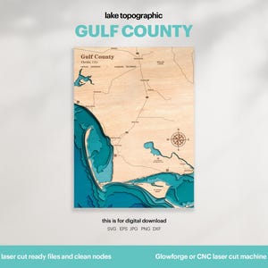 Décoration Lake House, carte du comté de Gulf SVG, cadeau de décoration murale en bois, topographique, cartes personnalisées 3D, art de la carte bathymétrique, Xtool, TÉLÉCHARGEMENT NUMÉRIQUE
