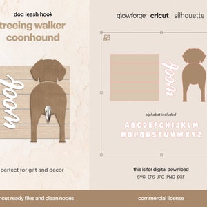 Op de afbeelding: Digitale download van een lasergesneden bestand voor een hondenriemhaak voor een treeing walker coonhound. Het ontwerp heeft een bruin silhouet van de achterkant van een hond met het woord "woof" in wit. Het bestand bevat een alfabet voor personalisatie.
