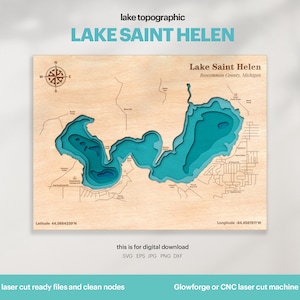 Decoración de la casa del lago, mapa de St. Helen Michigan SVG, vida del lago, arte del mapa, regalo de decoración de la pared de madera, topográfico, archivo 3D Glowforge, DESCARGA DIGITAL
