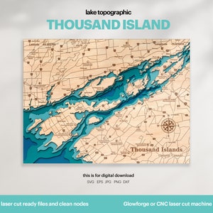 Decorazione per casa sul lago, mappa delle mille isole SVG, regalo di decorazione da parete in legno, topografica, mappe personalizzate 3D, arte della mappa batimetrica, Xtool, DOWNLOAD DIGITALE