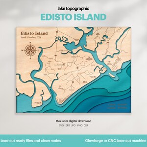 Decoración de casas en el lago, mapa de la isla Edisto SVG, regalo de decoración de pared de madera, topográfico, mapas personalizados en 3D, arte de mapas batimétricos, Xtool, DESCARGA DIGITAL