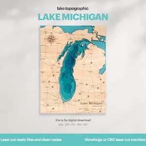 Décoration de maison sur le lac, carte du lac Michigan SVG, cadeau de décoration murale en bois, topographique, cartes personnalisées 3D, art de la carte bathymétrique, Xtool, TÉLÉCHARGEMENT NUMÉRIQUE
